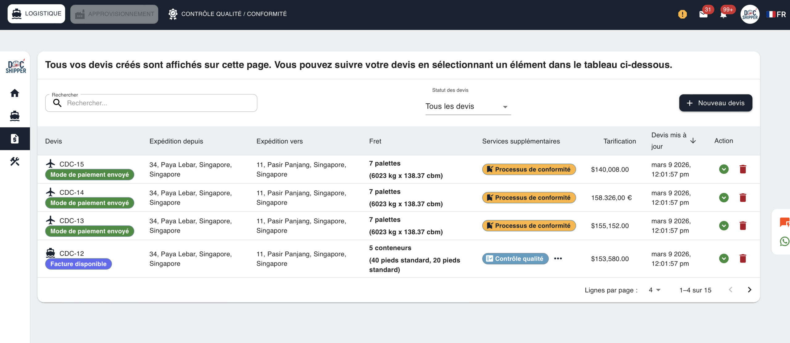 Rubrique Devis dans plateforme DS.one