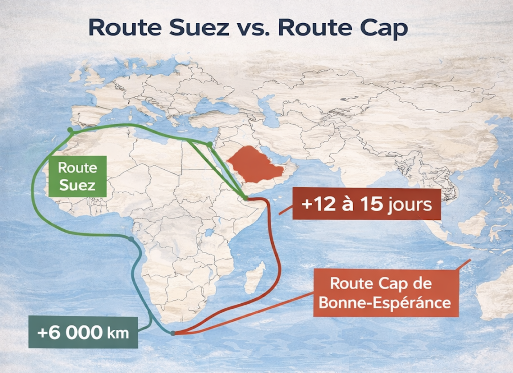 mappe comparaison route suez vs route cap de bonne-espérance pour la logistique