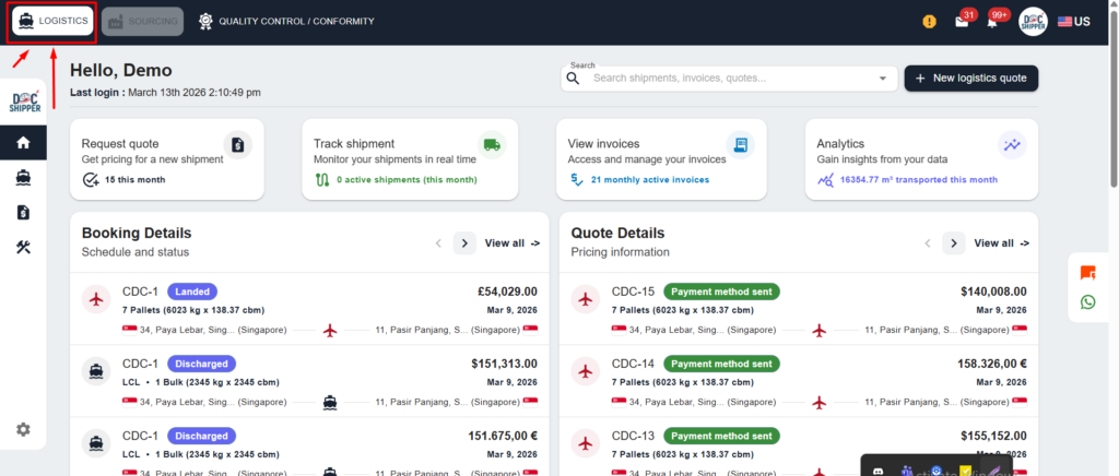 onglet logistics de DS One la nouvelle plateforme client de docshipper